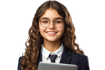Young girl with curly hair and glasses wearing a suit, smiling confidently while holding a tablet in a professional setting, isolated on white background