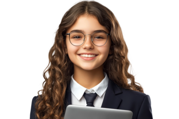 Young girl with curly hair and glasses wearing a suit, smiling confidently while holding a tablet in a professional setting, isolated on white background