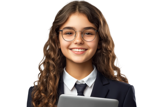 Young girl with curly hair and glasses wearing a suit, smiling confidently while holding a tablet in a professional setting, isolated on white background