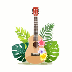 A ukulele with tropical flower decals
