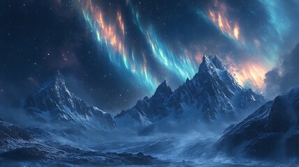 Naklejka premium Northern lights on beautiful mountains and also showers lightly on it 