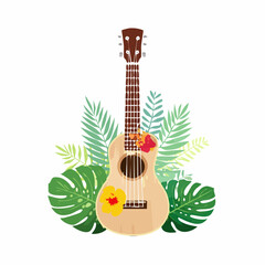 A ukulele with tropical flower decals

