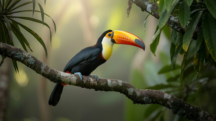 Fototapeta premium Toucan perched on branch in lush jungle. 