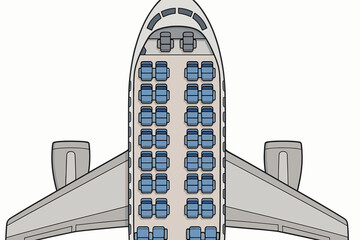 Detailed airplane seat map vector illustration. Top view aircraft seating chart, passenger cabin layout, airline travel interior, commercial jet seats arrangement. No text. Editable cartoon graphic