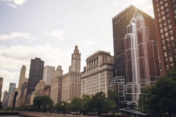 Obraz premium Modern city skyline with tall buildings at sunset, low angle view