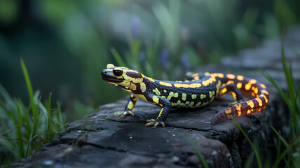 Naklejka premium A salamander with vibrant yellow and black markings. 