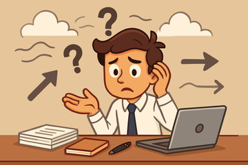 Confused office worker at desk facing unclear project goals, workplace indecision, business uncertainty, lack of direction, problem solving challenge, cartoon vector illustration, decision making
