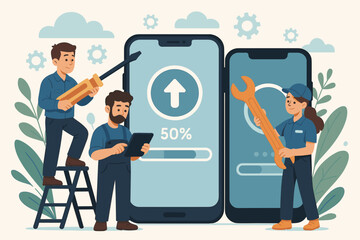Fototapeta premium Cartoon technicians updating mobile device software. Teamwork in system maintenance, app development, troubleshooting, digital repair. Smartphone upgrade, technology support, vector illustration