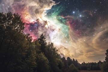 Vibrant galaxy swirling above a dark forest canopy at dusk or night

