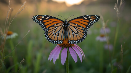 Fototapeta premium Monarch butterfly rests on a purple flower. 