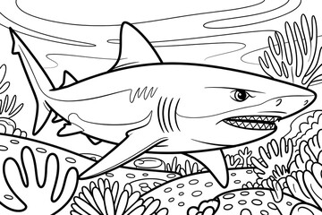 Fototapeta premium A great white shark swims in coral reef. 