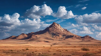 Fototapeta premium Dry grassland valley landscape with a mountain under fluffy white clouds and clear blue sky
