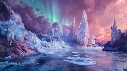 Fototapeta premium Northern lights on beautiful mountains and also showers lightly on it 