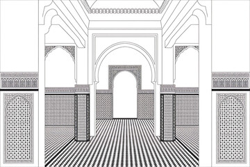 Fototapeta premium Ornate interior of a Moroccan mosque, architectural drawing. 