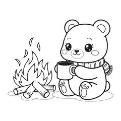 Cozy Winter Fireplace Scene with Cat and Cocoa – Bold Line Coloring Page, bold lines Coloring Page, cozy winter  Coloring Page, fireplace Coloring Page, cat, hot cocoa, illustration Coloring  page