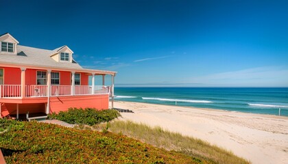 Fototapeta premium bright coral coastal home with a wrap around porch facing the serene blue sea and golden sands