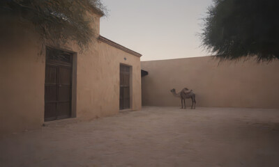 Earthen African Village House with Thatched Roof under Bright Sunlight and camel
