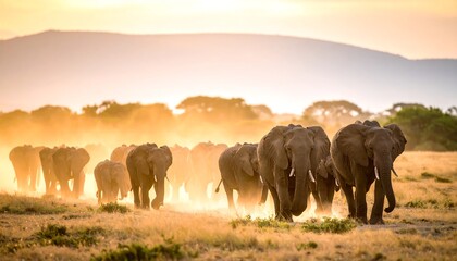Fototapeta premium Elephants marching at sunset