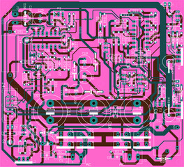 Vector printed circuit board of electronic 
device with components of radio elements, 
conductors and contact pads placed on pcb. 
Engineering technical drawing.
Computer technic cad design.