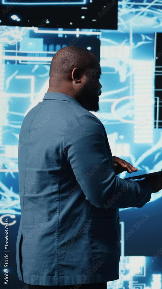 Poster vertical video modern african american specialist works in ai data visualization environment, illust