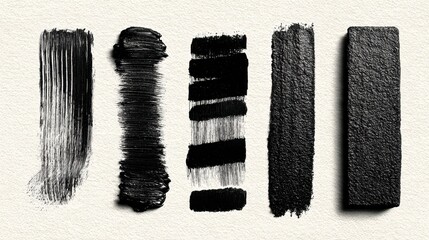 Paint brush strokes and smears of black acrylic paint on white textured paper surface for artistic creation and grunge background designs