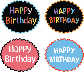 Four Colorful Happy Birthday Badges Scalloped Circle Designs with Rainbow and White Text