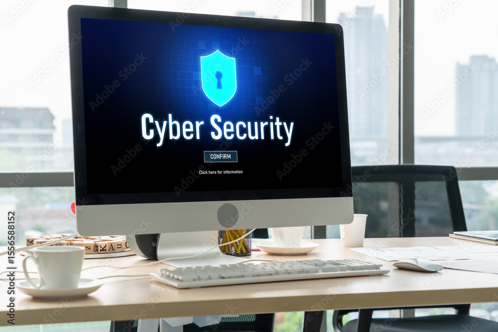 Poster cyber security system on computer screen protect private information snugly from hacker and cyber at