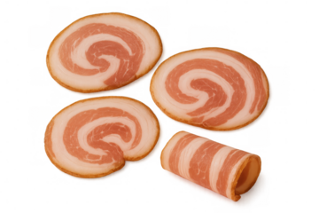 Rolled pancetta bacon slicing, displaying crispy texture and culinary potential against transparent backdrop