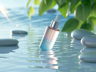 Gradient blue-pink cosmetic dropper bottle mockup in water with spa stones and green leaves, ideal for skincare branding, natural beauty product, or wellness ad design