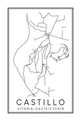 Hand drawn printable downtown road map poster of district CASTILLO - GAZTELU of the Spanish city of VITORIA-GASTEIZ on solid white background with city name