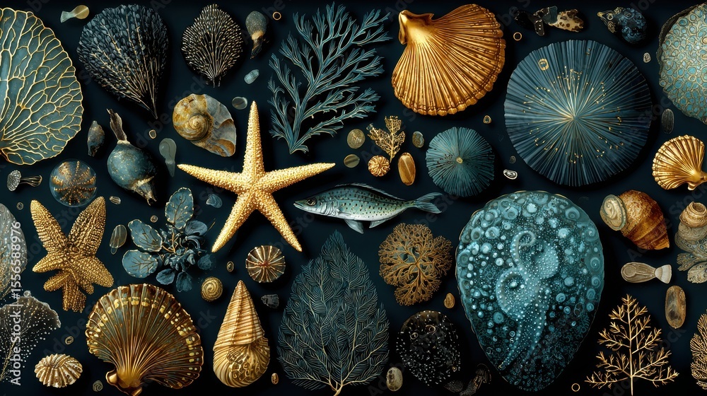 Poster underwater life features colorful fish swimming amidst coral and seashell formations in the deep oce