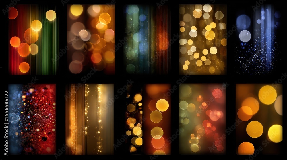 Poster Ten colorful abstract light bokeh backgrounds displayed side-by-side in a grid arrangement against a dark backdrop