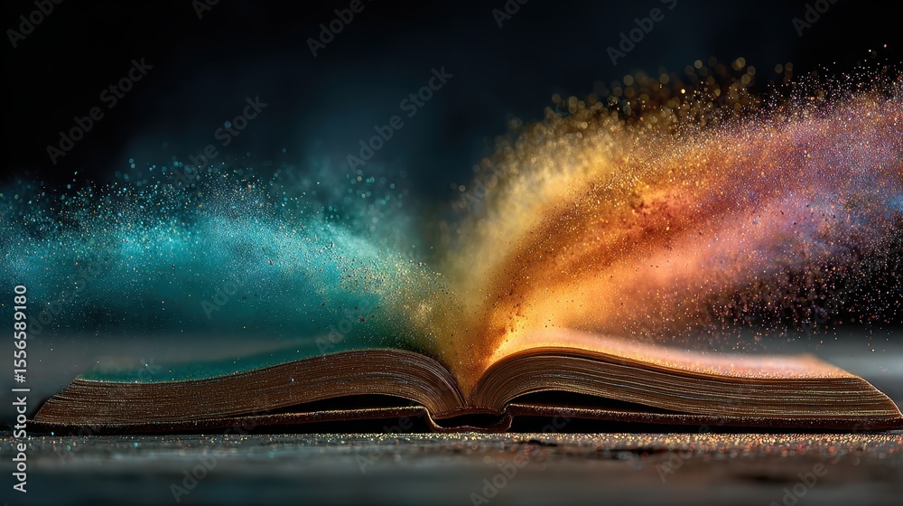 Poster Open book with glowing particles emanating from pages creating colorful abstract forms