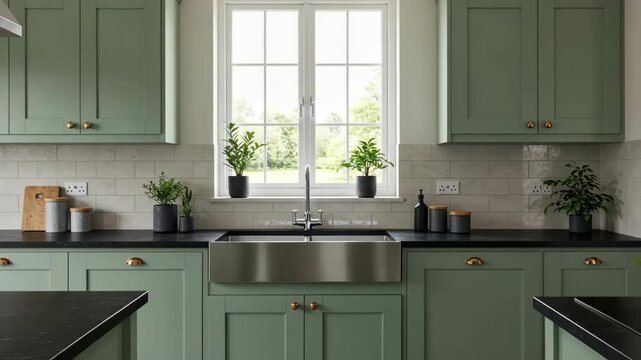 Interior of a modern kitchen with sink, window and green cabinetry.
