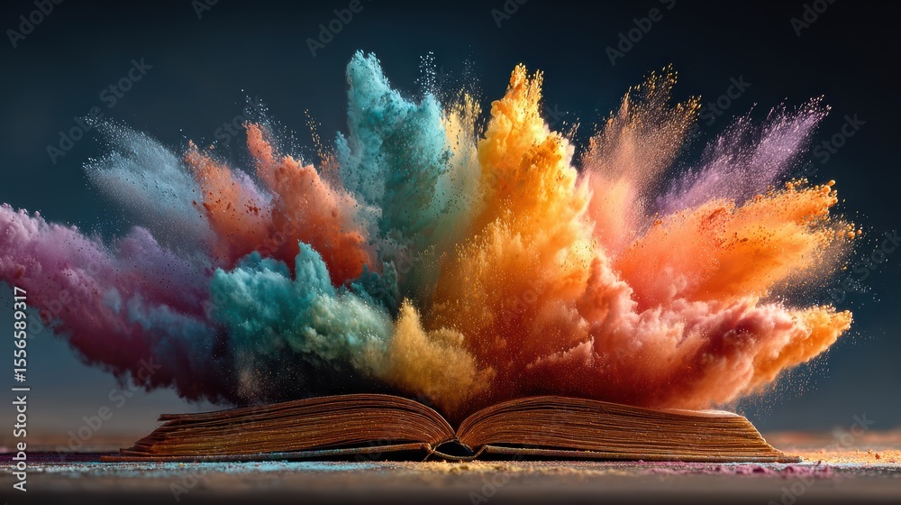 Poster Open book with glowing particles emanating from pages creating colorful abstract forms