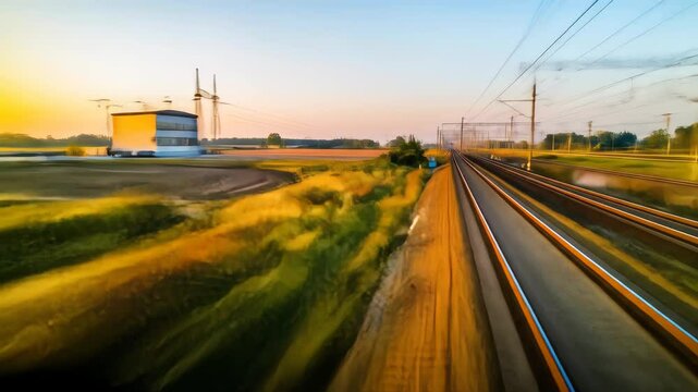 Blurred Railroad Tracks Stretching into the Horizon with Golden Sunset Hues and Power Lines in a Rural Landscape for Adobe Stock Photo