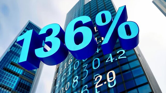 Financial Growth: A striking visual of a towering skyscraper, with a vibrant numerical display of 136% prominently superimposed, signifying significant financial growth and progress.