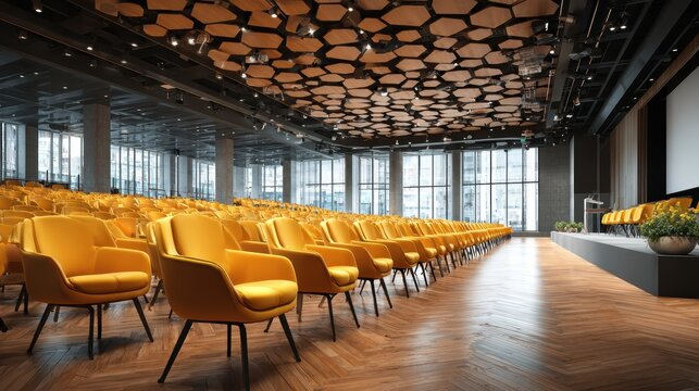 Grand ballroom at hotel venue is decorated for a conference event with rows of chairs, flowers, stage, and elegant lighting and architectural details - Powered by Adobe