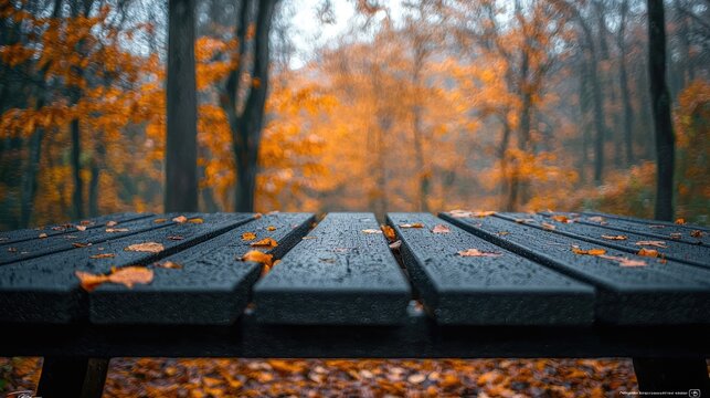 Dark wooden table with autumn leaves in a forest. - Powered by Adobe