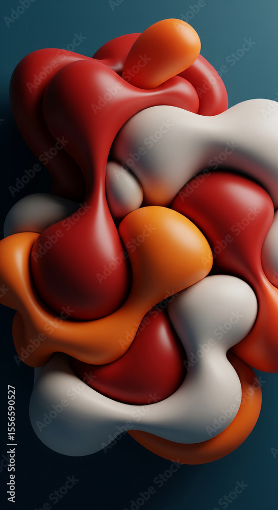 Poster Abstract image of red, orange, and white glossy shapes, creating a dynamic, flowing composition.  Represents fluidity, modern design, and abstract art, ideal for various backgrounds