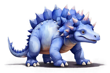Cute stylized blue dinosaur character. Cartoon prehistoric animal with spikes for toy, children book, and game design. Isolated on transparent background.