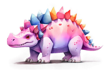 Cute watercolor pink dinosaur with colorful spikes on its back. Cartoon prehistoric animal for kid projects on transparent background.