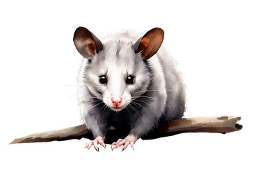 Cute opossum or sugar glider on a branch. Exotic animal from australia. Watercolor style illustration on transparent background.