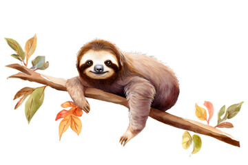 A cute smiling sloth animal hanging lazy on a tree branch. Watercolor illustration with an exotic animal for design elements on transparent background.
