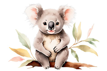 Cute baby koala sits on branch with eucalyptus leaves. Exotic animal for kids illustration. Cartoon watercolor, on transparent background.