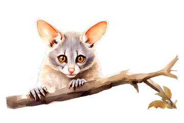 Cute watercolor brush tail possum peeking over a tree branch on transparent background. Exotic animal illustration for kids.