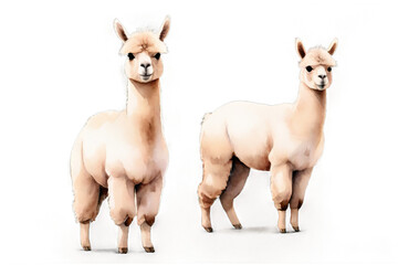Two watercolor alpacas detailed illustration on transparent background. Exotic animal drawing for education and children book.
