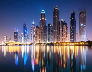 Obraz premium City skyline at night reflected in water