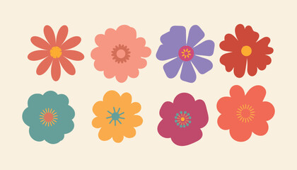 Collection of eight colorful and whimsical hand drawn flower illustrations on a white background.