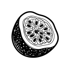 Black outline drawing of a half passion fruit with seeds and pulp on transparent background. Doodle style tropical food concept.